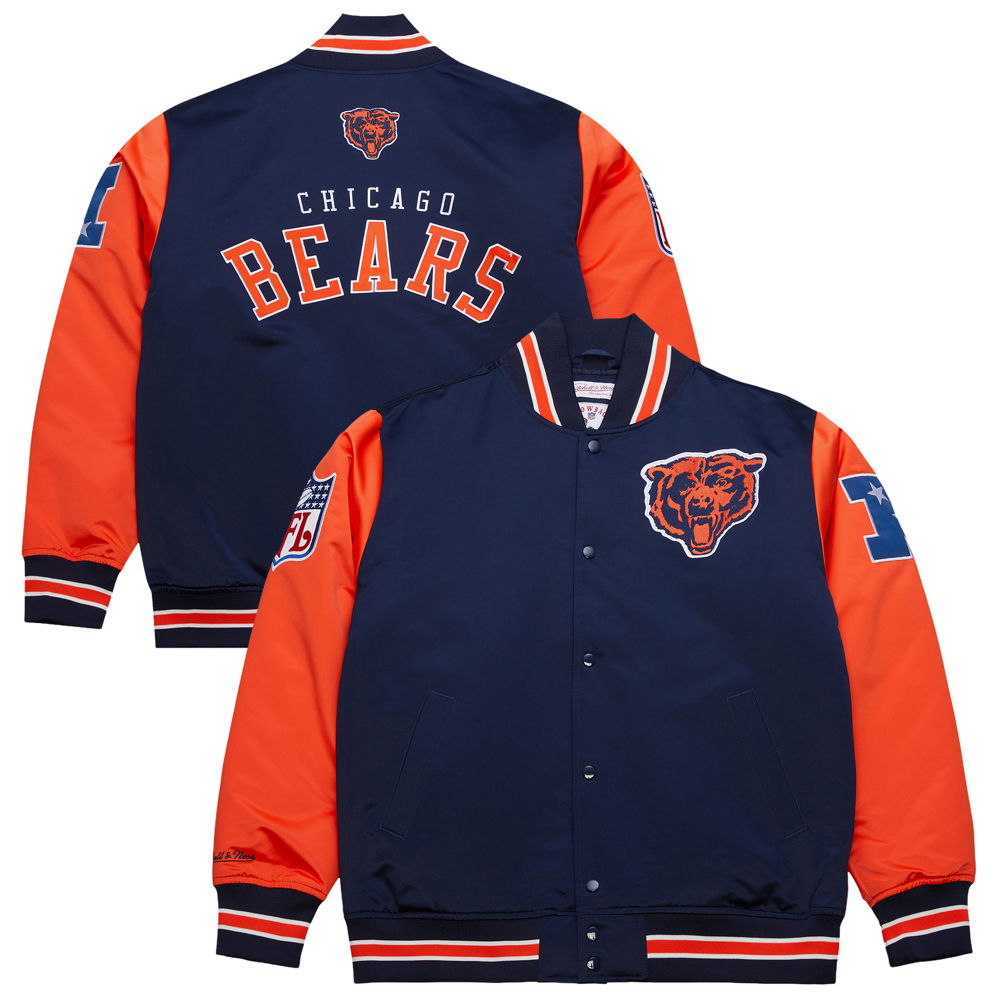 Men's Mitchell & Ness Navy/Orange Chicago Bears Big & Tall Heavyweight Satin Full-Snap Jacket