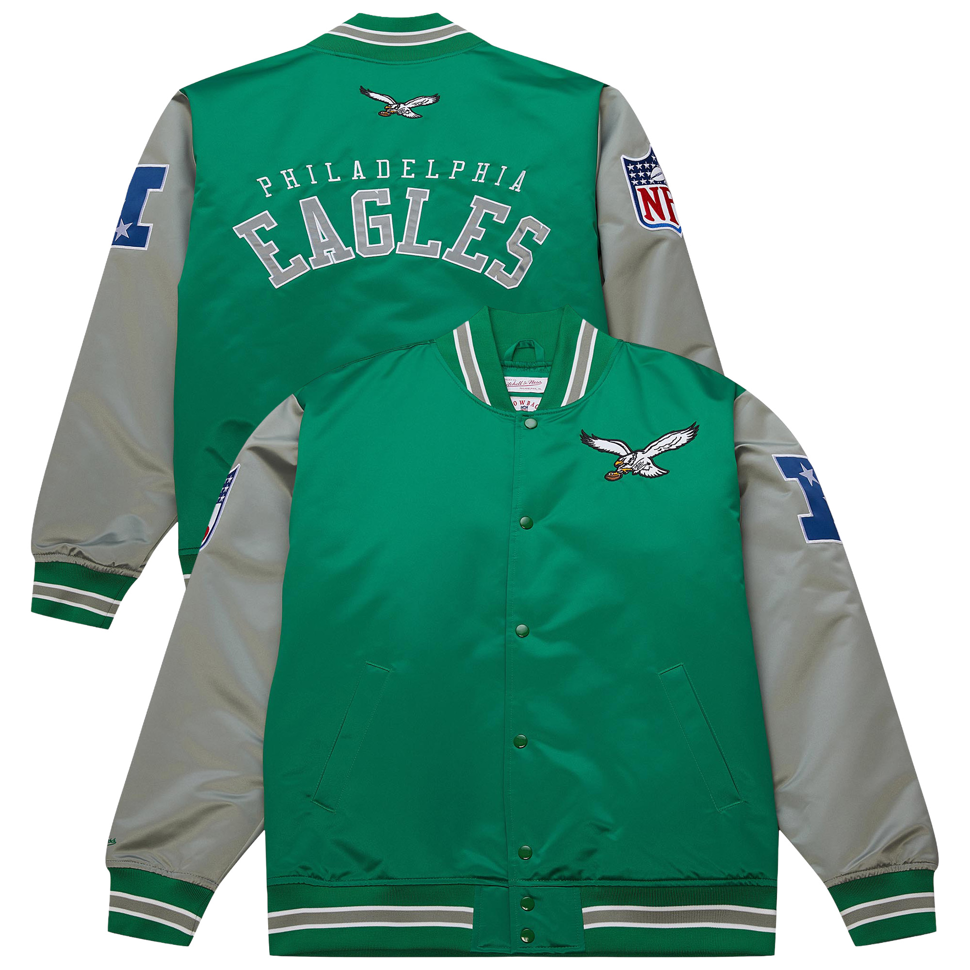Men's Mitchell & Ness Kelly Green/Silver Philadelphia Eagles Big & Tall Heavyweight Satin Full-Snap Jacket