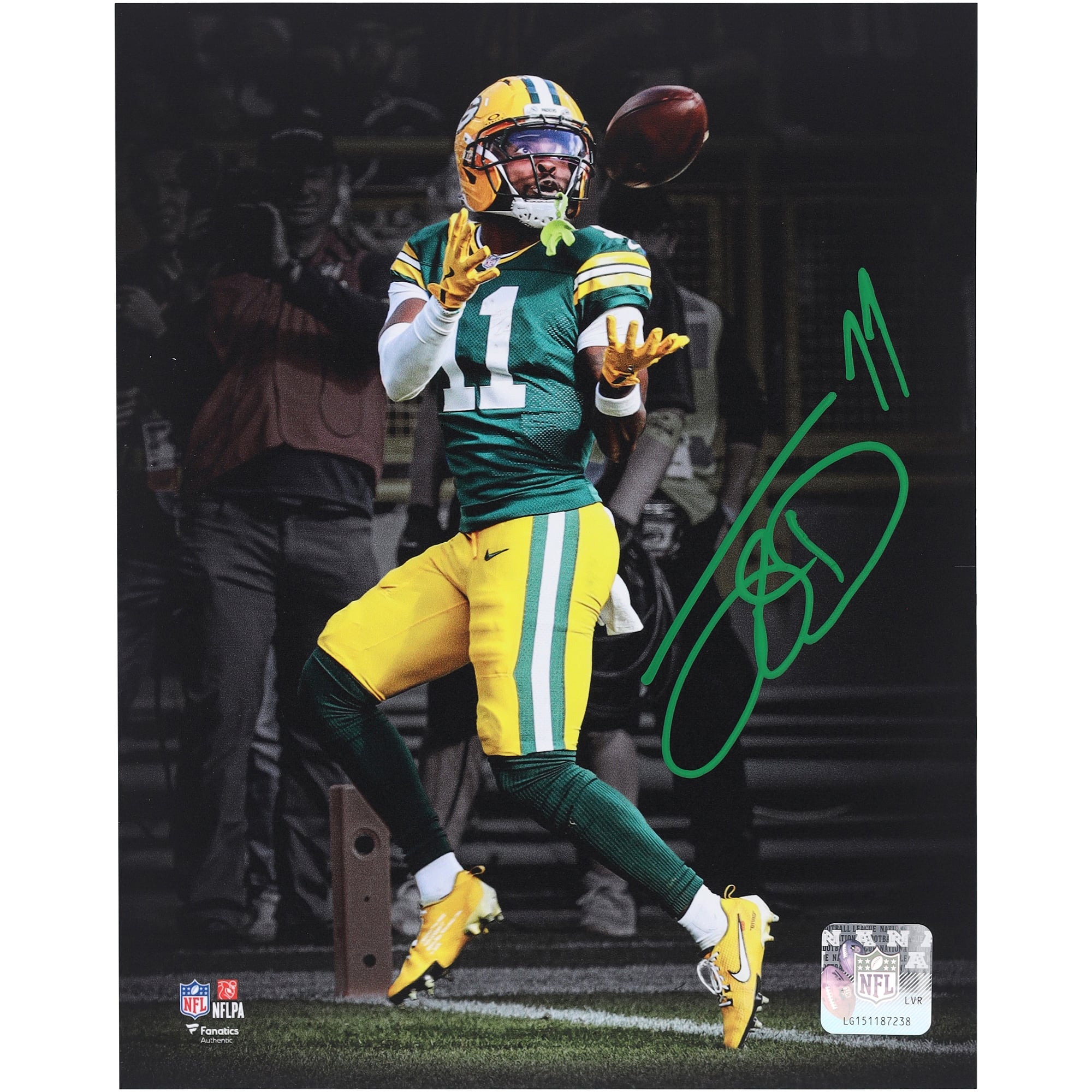 Jayden Reed Green Bay Packers Autographed 8" x 10" Touchdown Catch vs. Detroit Lions Spotlight Photograph