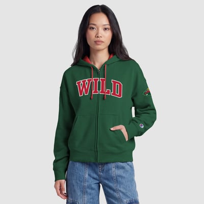 Women's Champion Green/Red Minnesota Wild Applique Full-Zip Fleece Hoodie