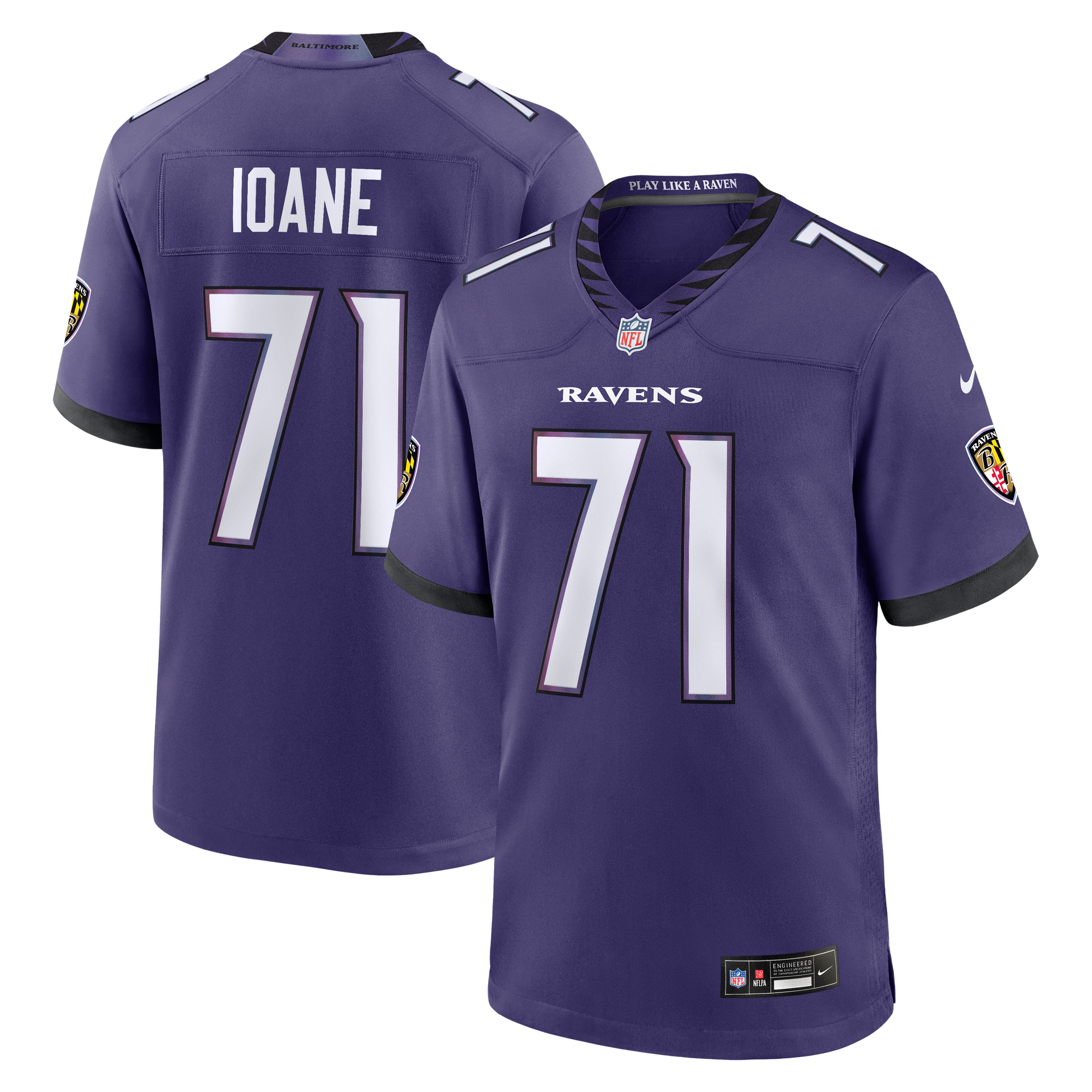 Maglia da gioco da uomo Nike Olaivavega Ioane viola dei Baltimore Ravens, scelta numero 14 del primo round del Draft NFL 2026.
