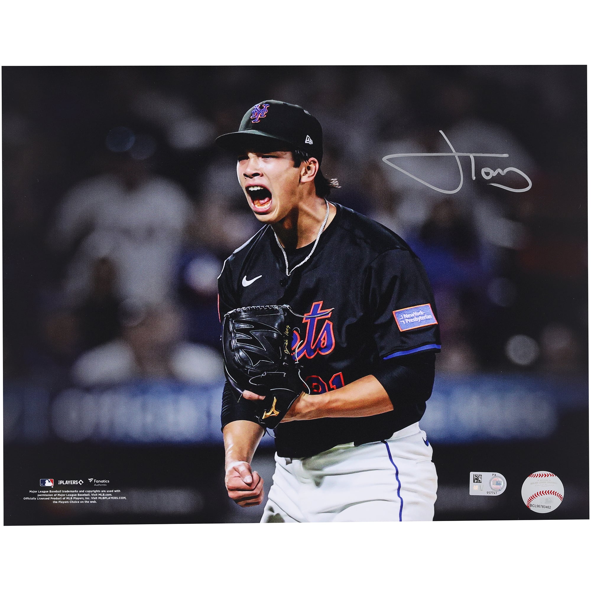 Jonah Tong New York Mets Autographed 11" x 14" Strikeout Screaming Celebration Spotlight Photograph