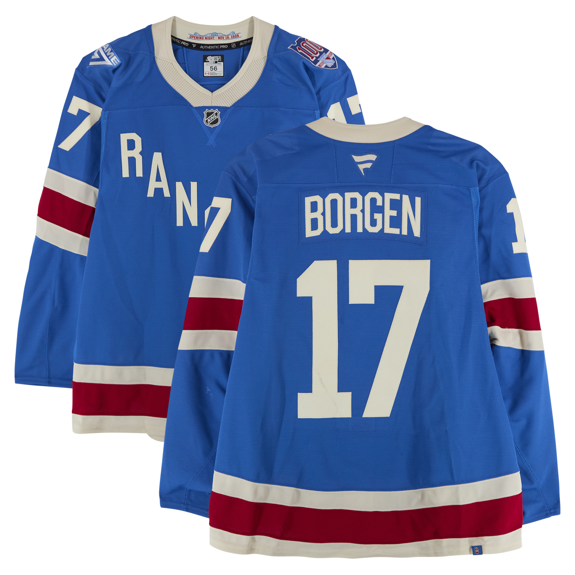 Will Borgen New York Rangers Game-Used #17 Blue Centennial Jersey vs. Carolina Hurricanes on February 5, 2026