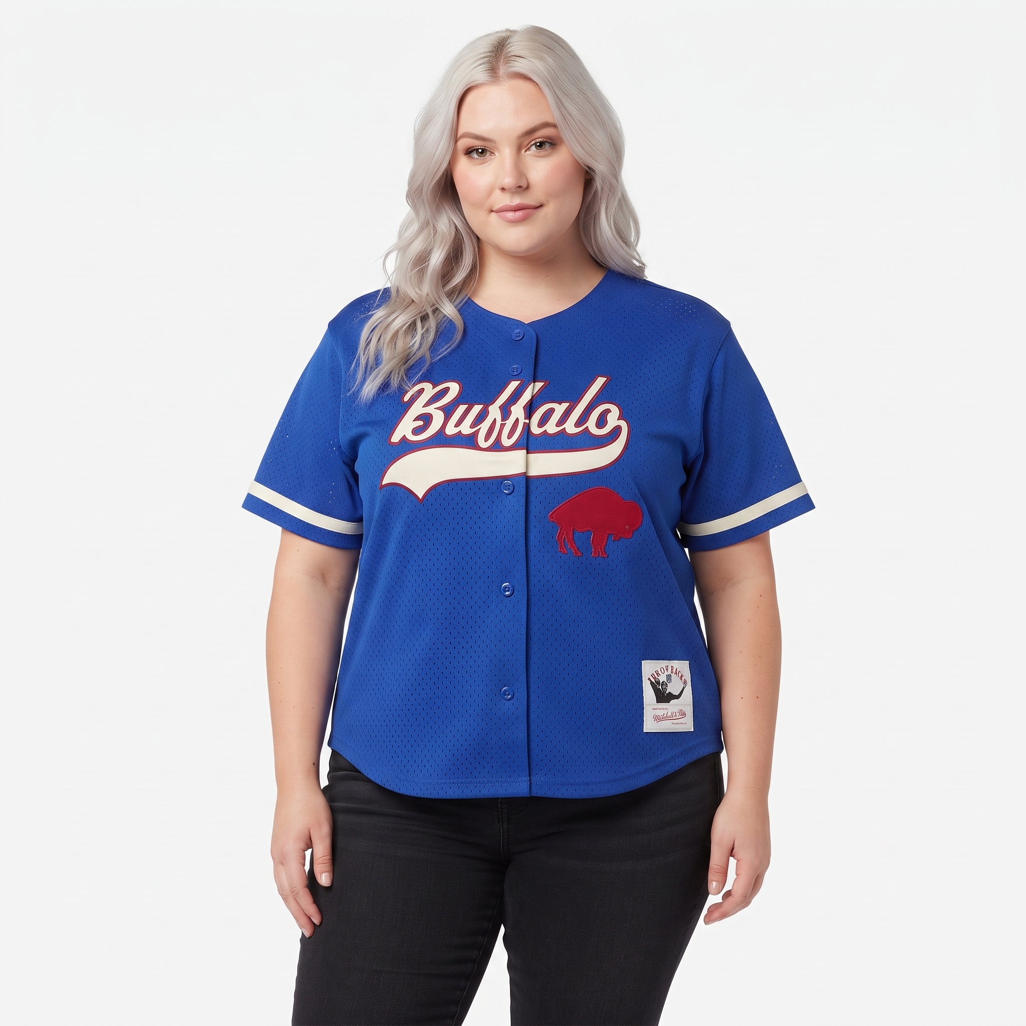 Women's Mitchell & Ness Royal Buffalo Bills Plus Size Retro Roots Baseball Jersey