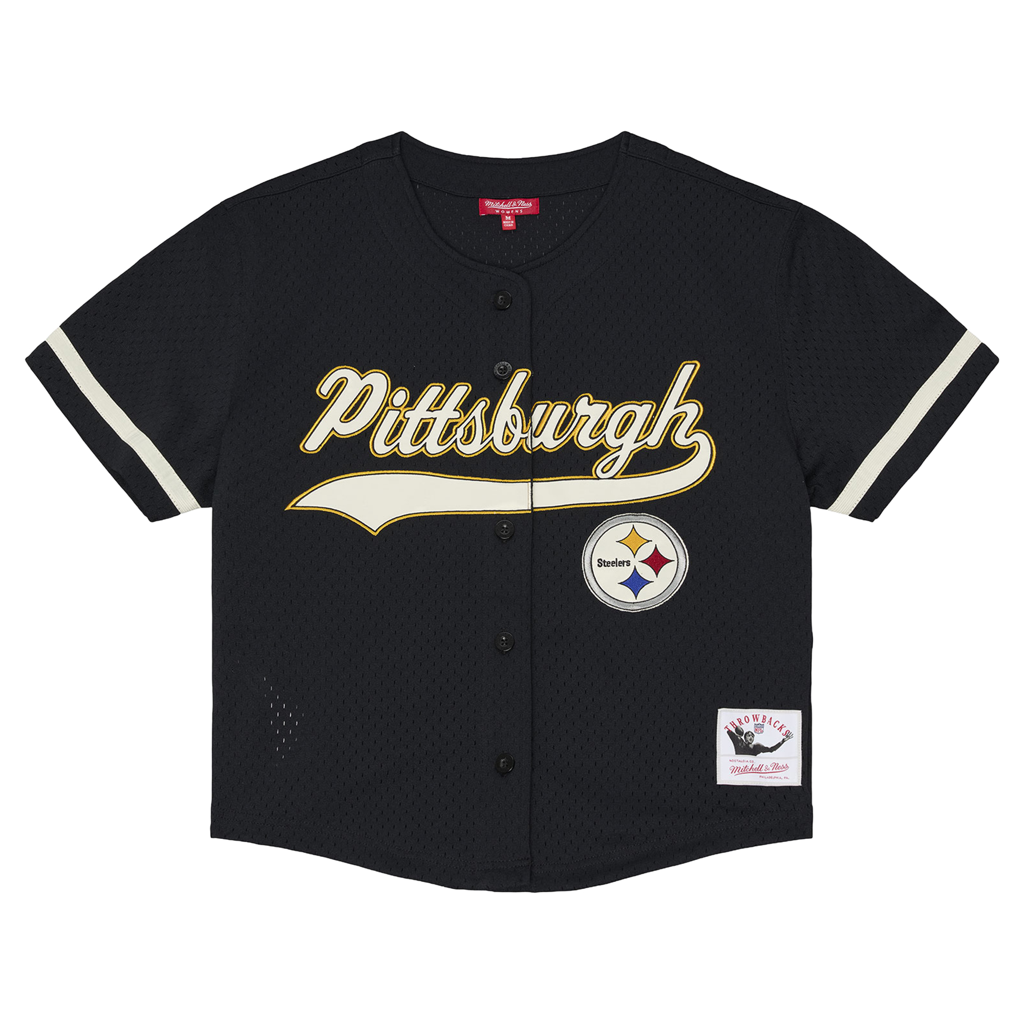 Women's Mitchell & Ness Black Pittsburgh Steelers Plus Size Retro Roots Baseball Jersey