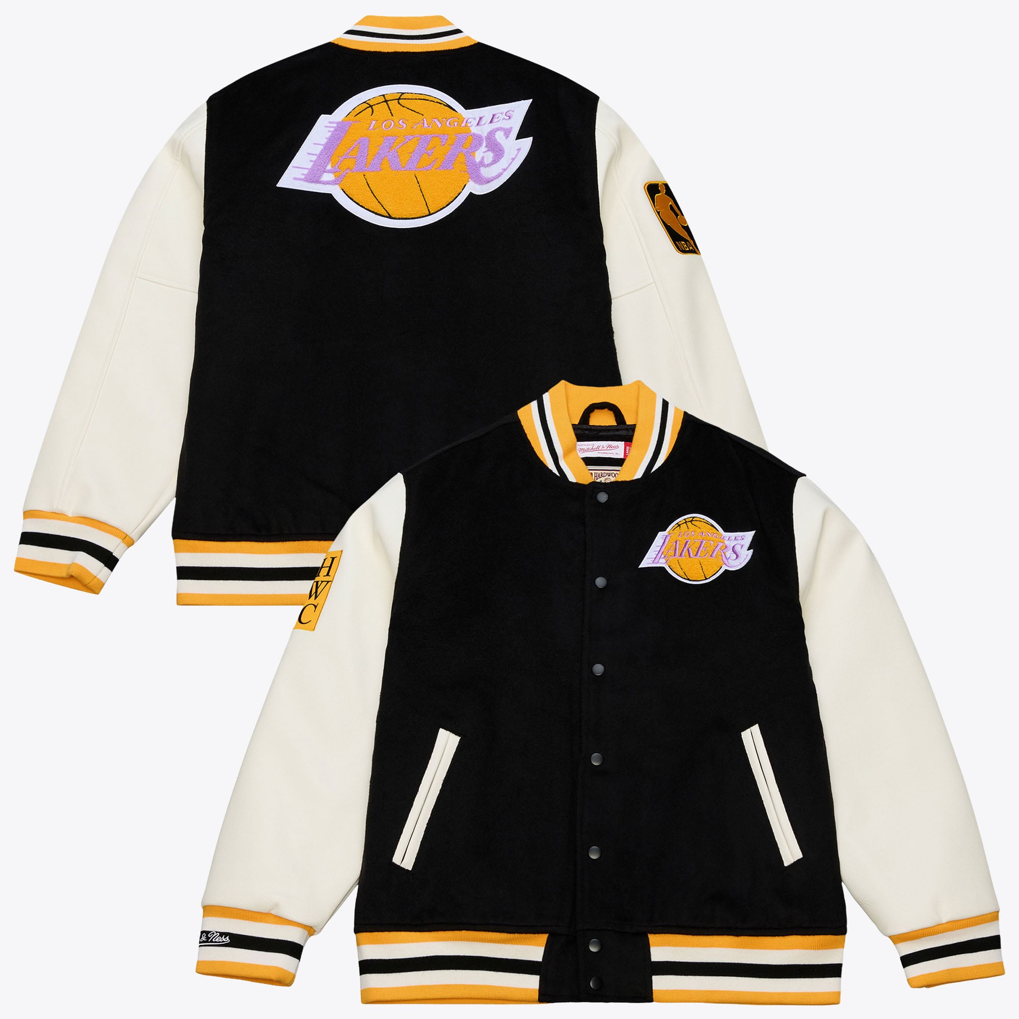 Men's Mitchell & Ness  Black/White Los Angeles Lakers Hardwood Classics Off Day Full-Snap Varsity Jacket