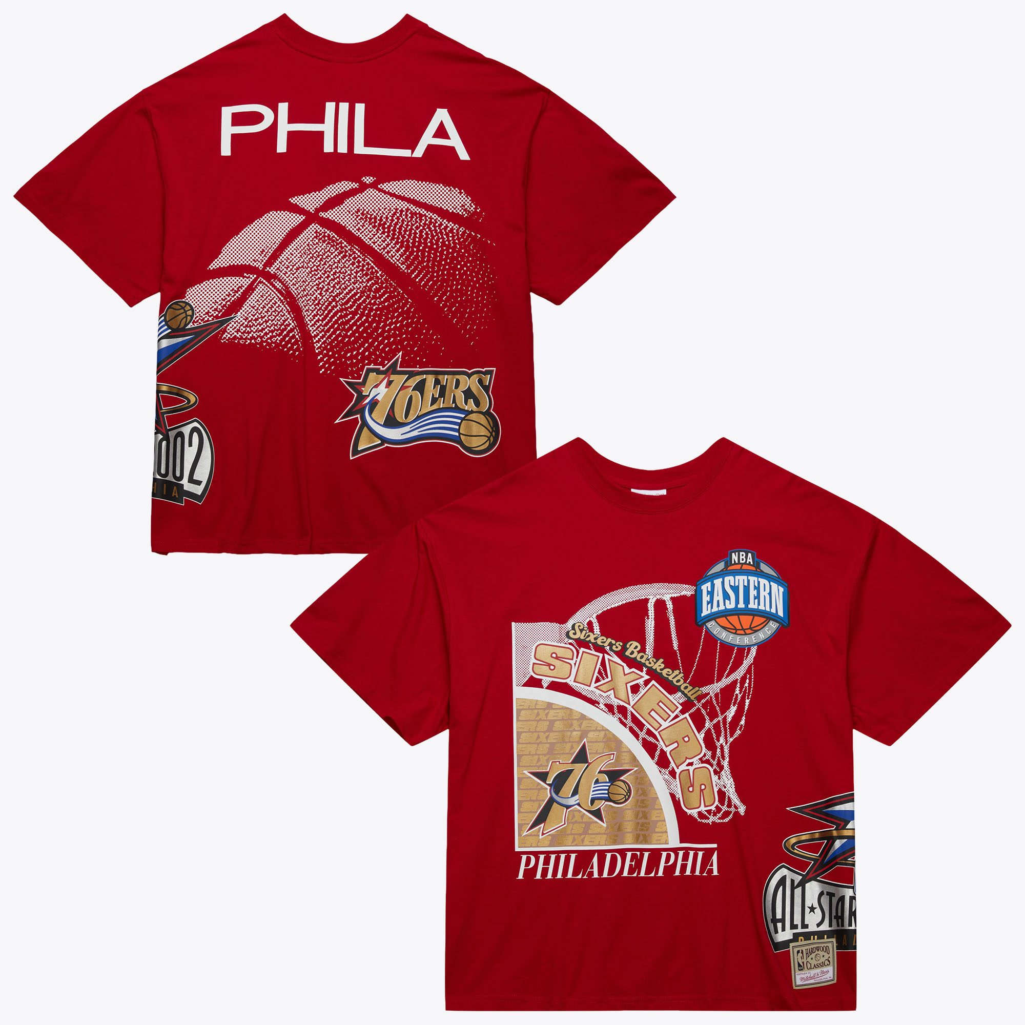 Mitchell & Ness Men's Philadelphia 76ers Hardwood Classics Logo Blast Crewneck T-Shirt - Red