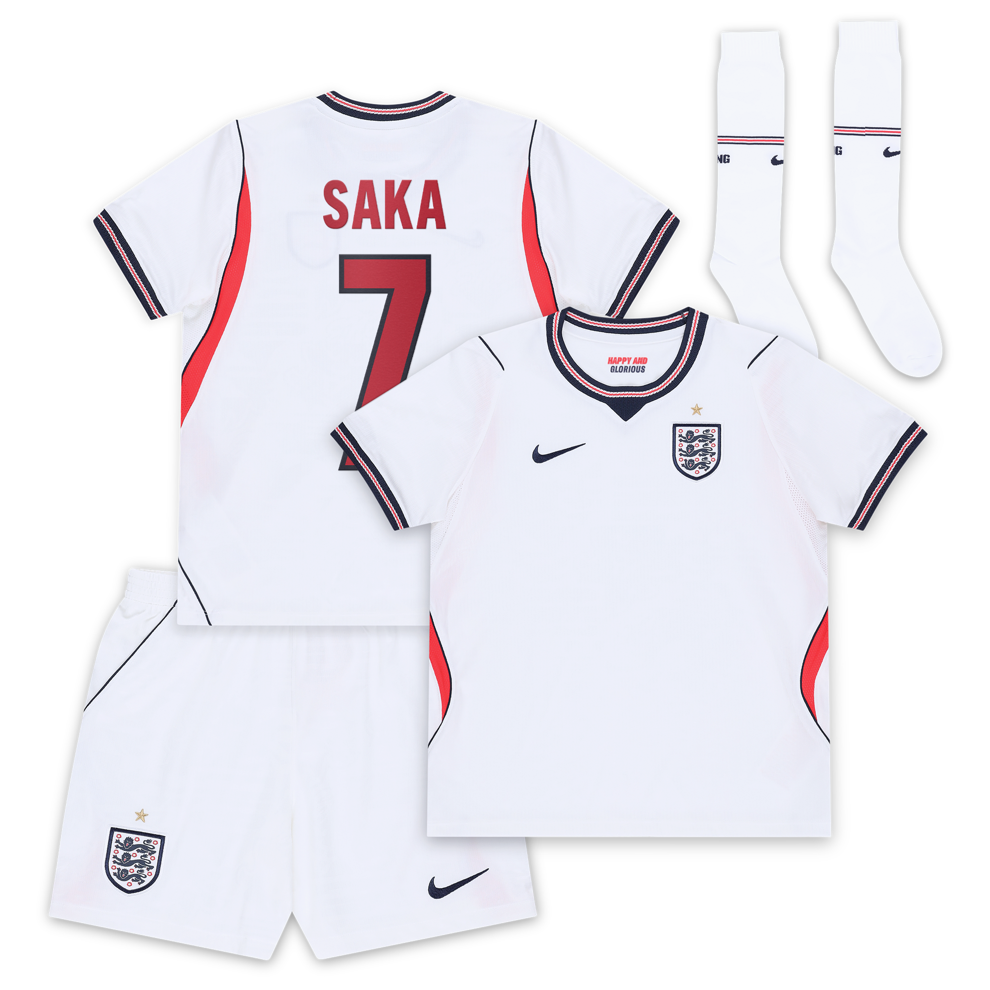 England Nike Home Stadium Mini Kit 2026 - Little Kids with Saka 7 printing: retailer-supplied image