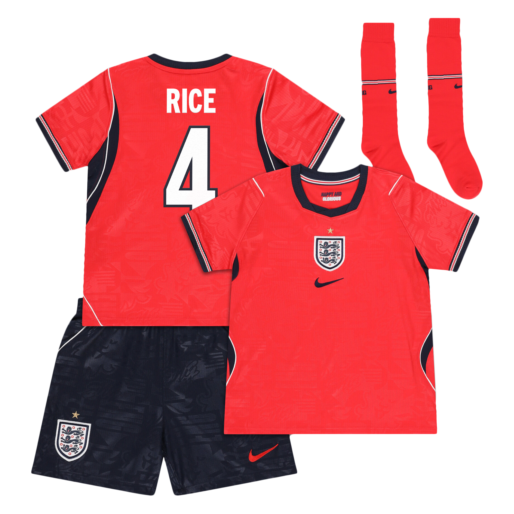 England Nike Away Stadium Mini Kit 2026 - Little Kids with Rice 4 printing: retailer-supplied image