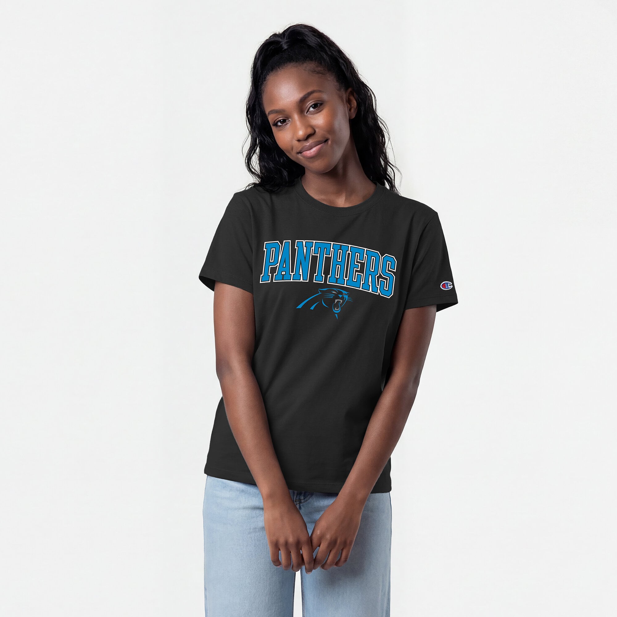Women’s Champion Black Carolina Panthers Arched Over Logo T-Shirt