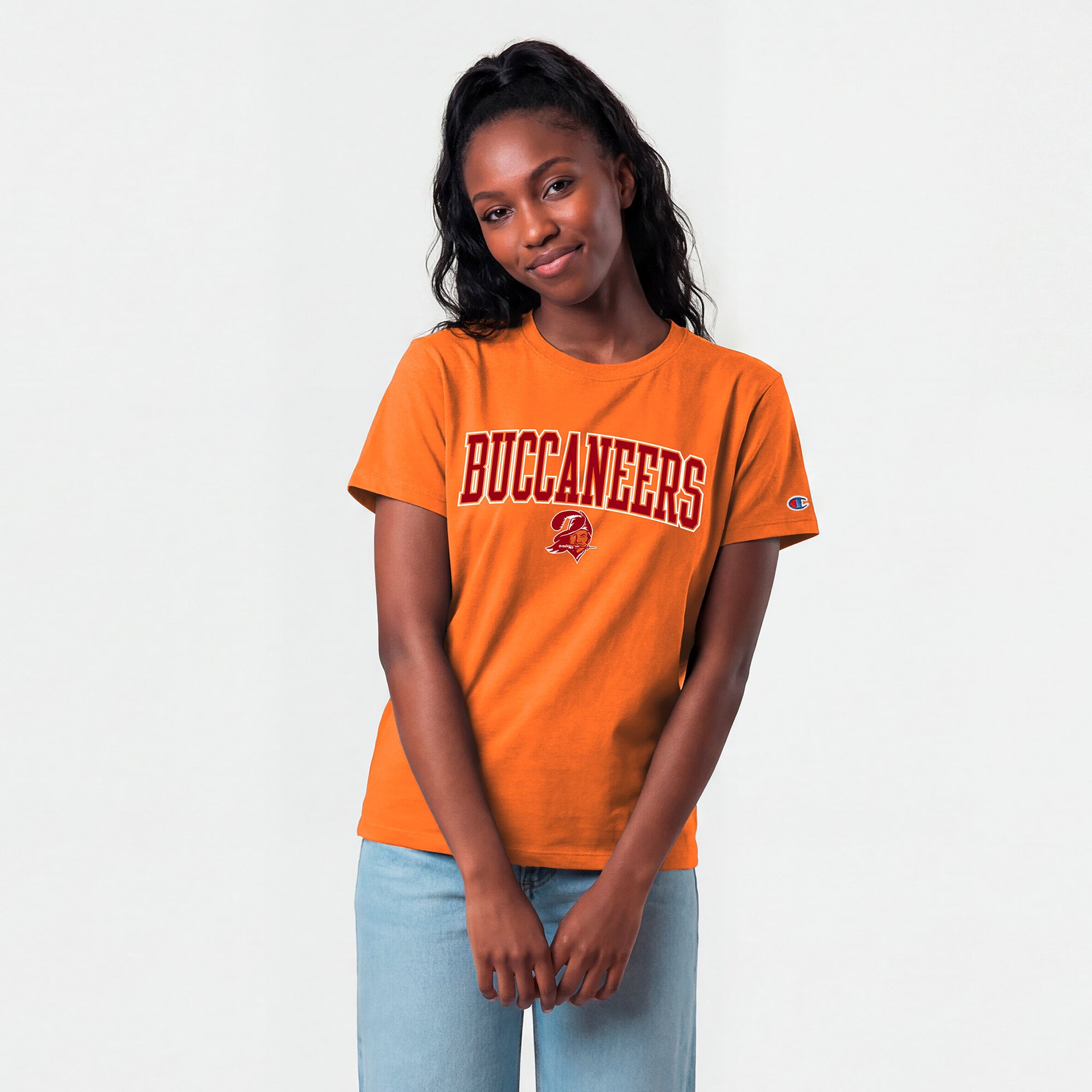 Women's Champion Orange Tampa Bay Buccaneers Arched Over Throwback Logo T-Shirt