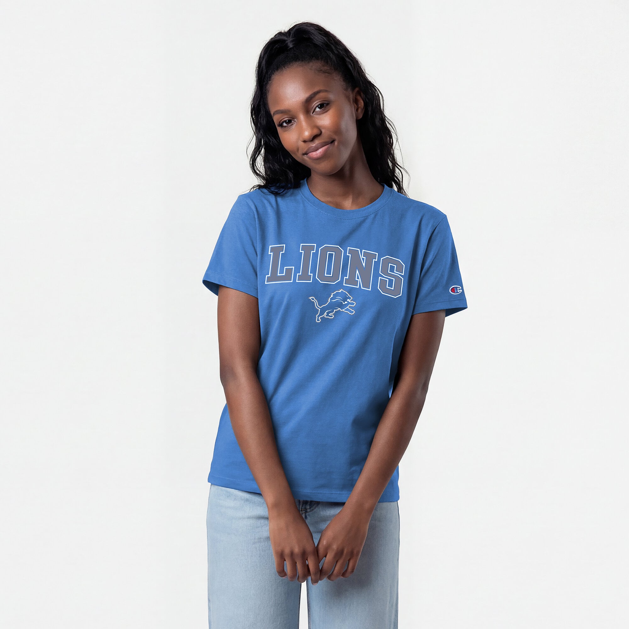Women's Champion Blue Detroit Lions Arched Over Logo T-Shirt