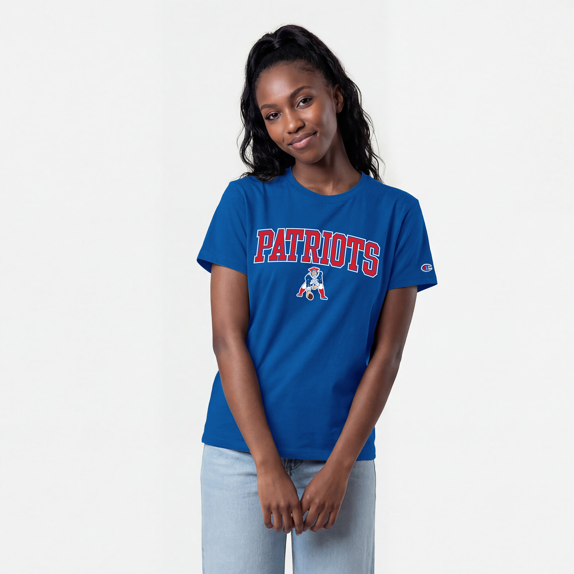 Women's Champion Royal New England Patriots Arched Over Logo T-Shirt