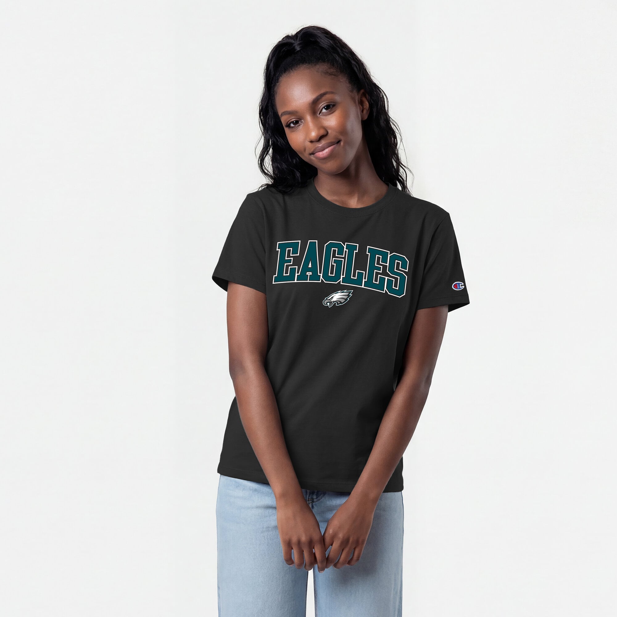 Women's Champion Black Philadelphia Eagles Arched Over Logo T-Shirt