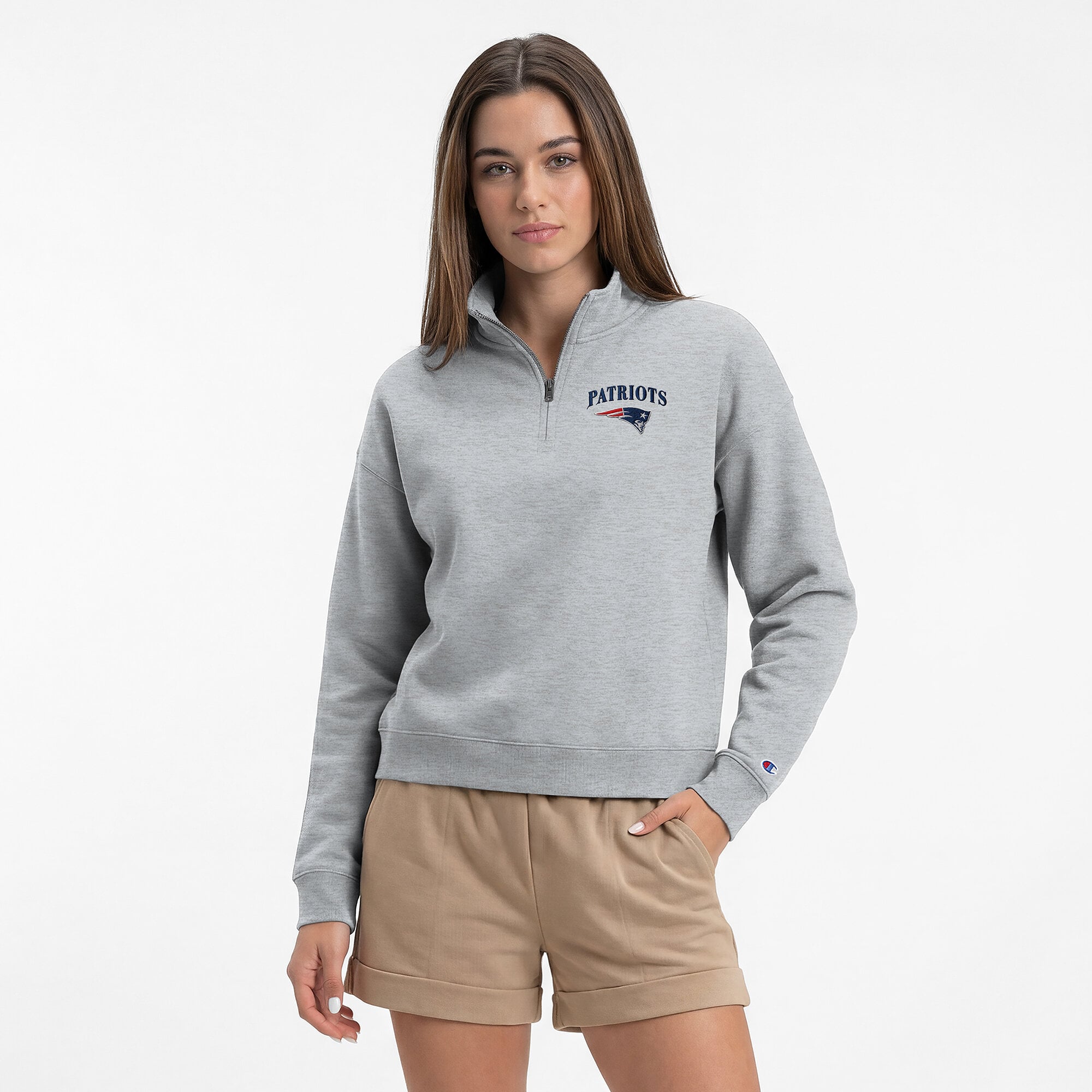 Women's Champion  Heather Gray New England Patriots Powerblend Quarter-Zip Sweatshirt