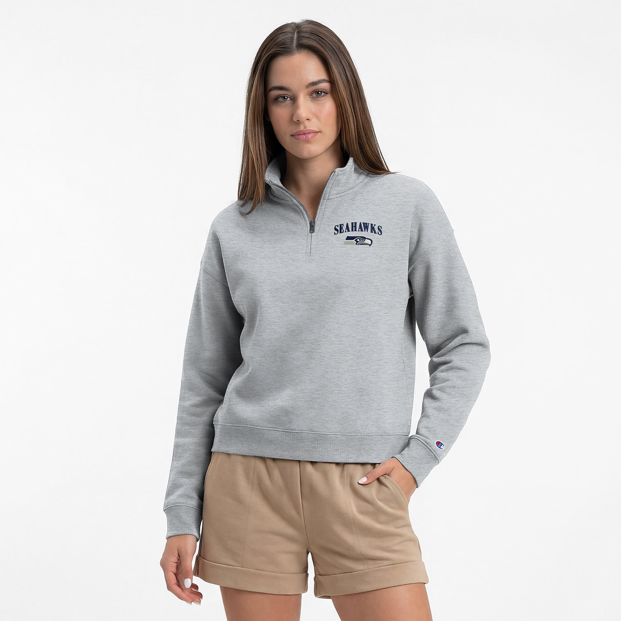 Women's Champion Heather Gray Seattle Seahawks Powerblend Quarter-Zip Sweatshirt