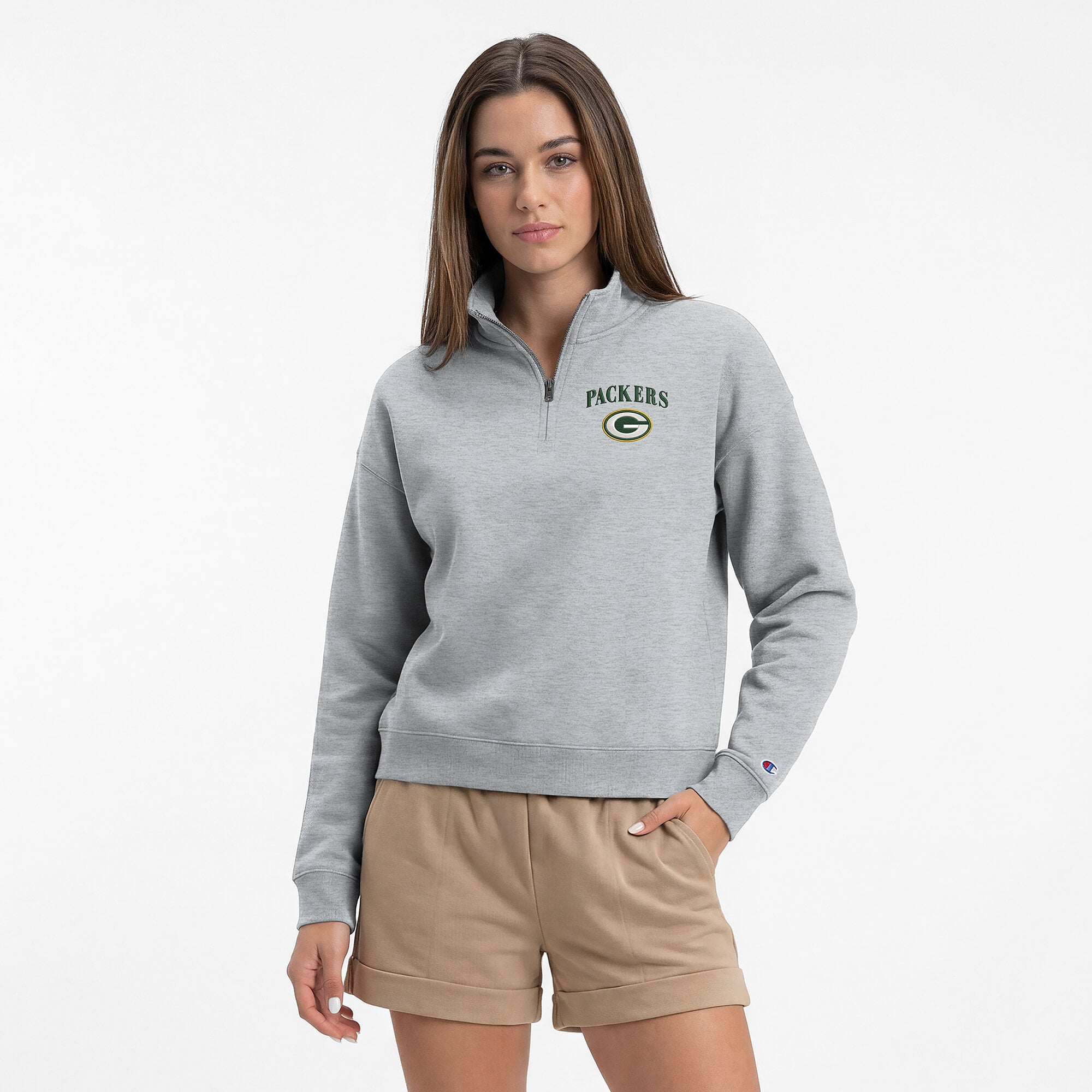 Women's Champion  Heather Gray Green Bay Packers Powerblend Quarter-Zip Sweatshirt