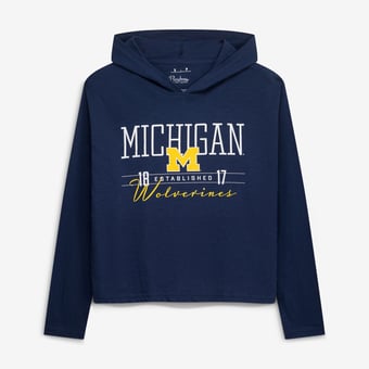 Women's Pressbox  Navy Michigan Wolverines Castillo Slub Waist Length Long Sleeve Hooded T-Shirt