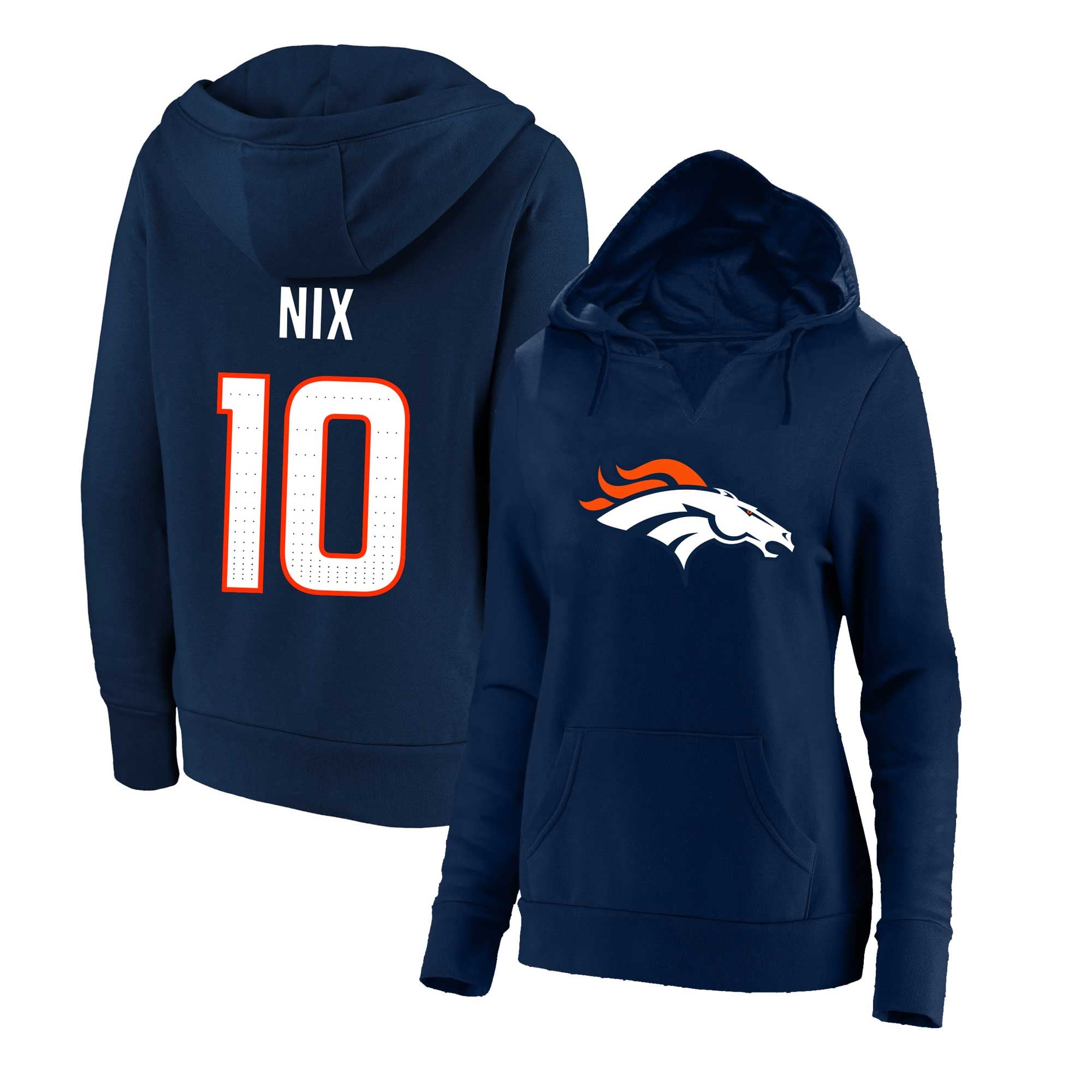 Women's Fanatics Bo Nix Navy Denver Broncos Plus Size Player Name & Number V-Neck Hoodie