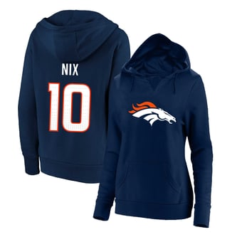 Women's Fanatics Bo Nix Navy Denver Broncos Plus Size Player Name & Number Notch Neck Hoodie