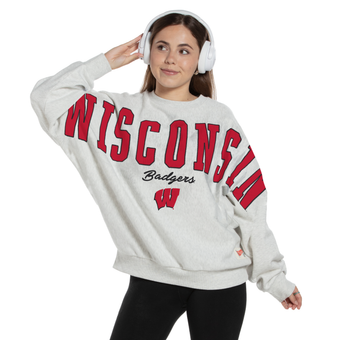 Women's Pressbox Heather Gray Wisconsin Badgers Flannigan Oversized Fleece Sweatshirt