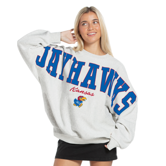Women's Pressbox Heather Gray Kansas Jayhawks Flannigan Oversized Fleece Sweatshirt