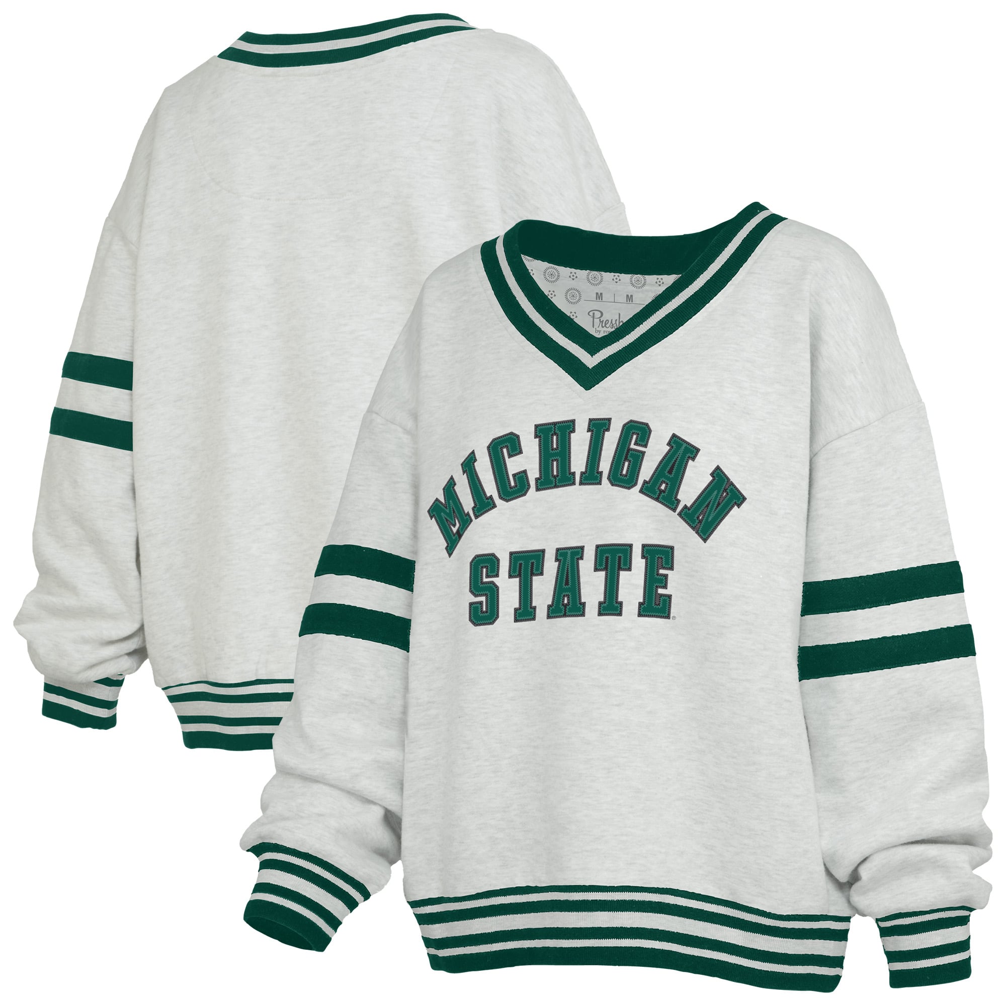 Women's Pressbox Heather Gray/Green Michigan State Spartans Tackle Twill Oates V-Neck Sweatshirt