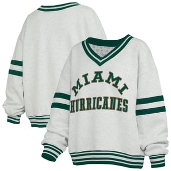 Women's Pressbox Heather Gray/Green Miami Hurricanes Tackle Twill Oates V-Neck Sweatshirt
