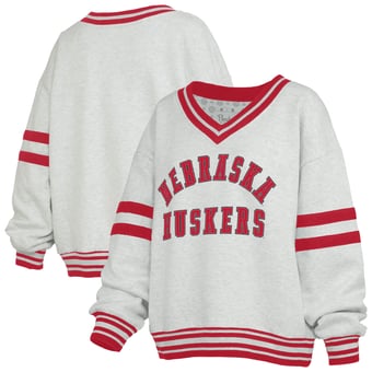 Women's Pressbox Heather Gray/Scarlet Nebraska Huskers Tackle Twill Oates V-Neck Sweatshirt