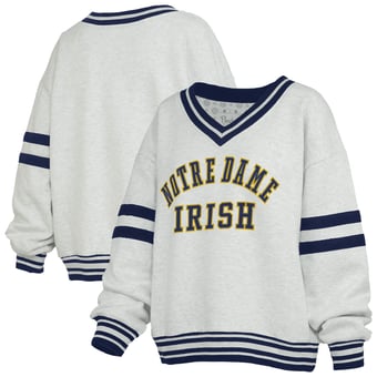 Women's Pressbox Heather Gray/Navy Notre Dame Fighting Irish Tackle Twill Oates V-Neck Sweatshirt