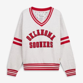 Women's Pressbox Heather Gray/Crimson Oklahoma Sooners Tackle Twill Oates V-Neck Sweatshirt