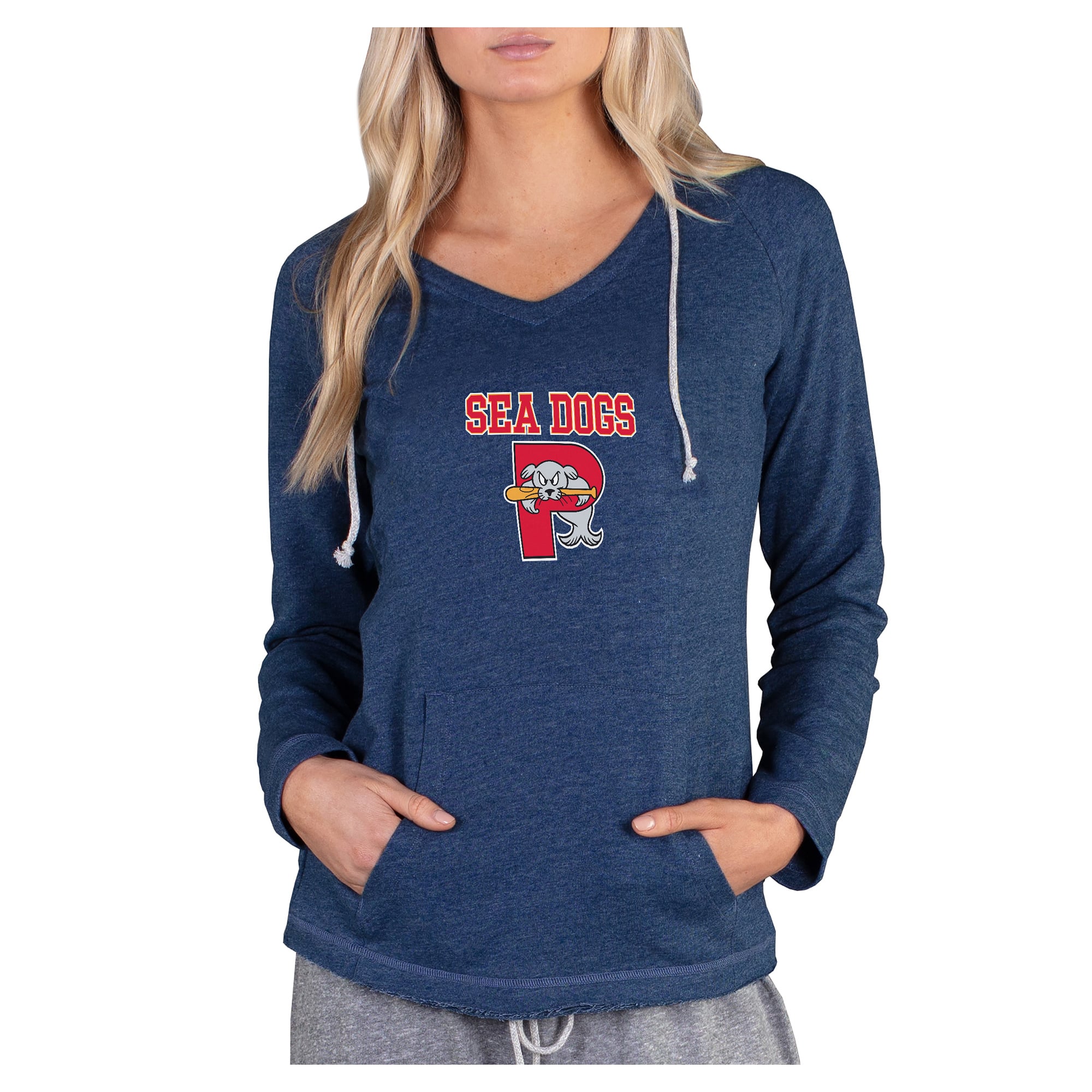 Women's Concepts Sport Navy Portland Sea Dogs Mainstream French Terry Tri-Blend V-Neck Hoodie
