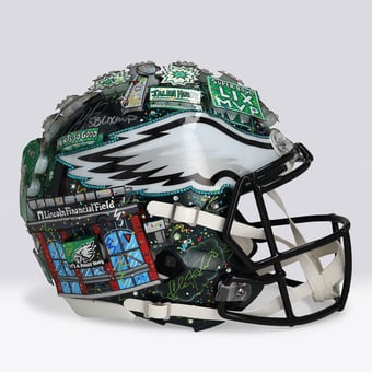 Jalen Hurts Philadelphia Eagles Autographed Riddell Super Bowl LIX Champions Logo Speed Authentic Helmet with "SB LIX MVP" Inscription - Art by Charles Fazzino - NF70444399