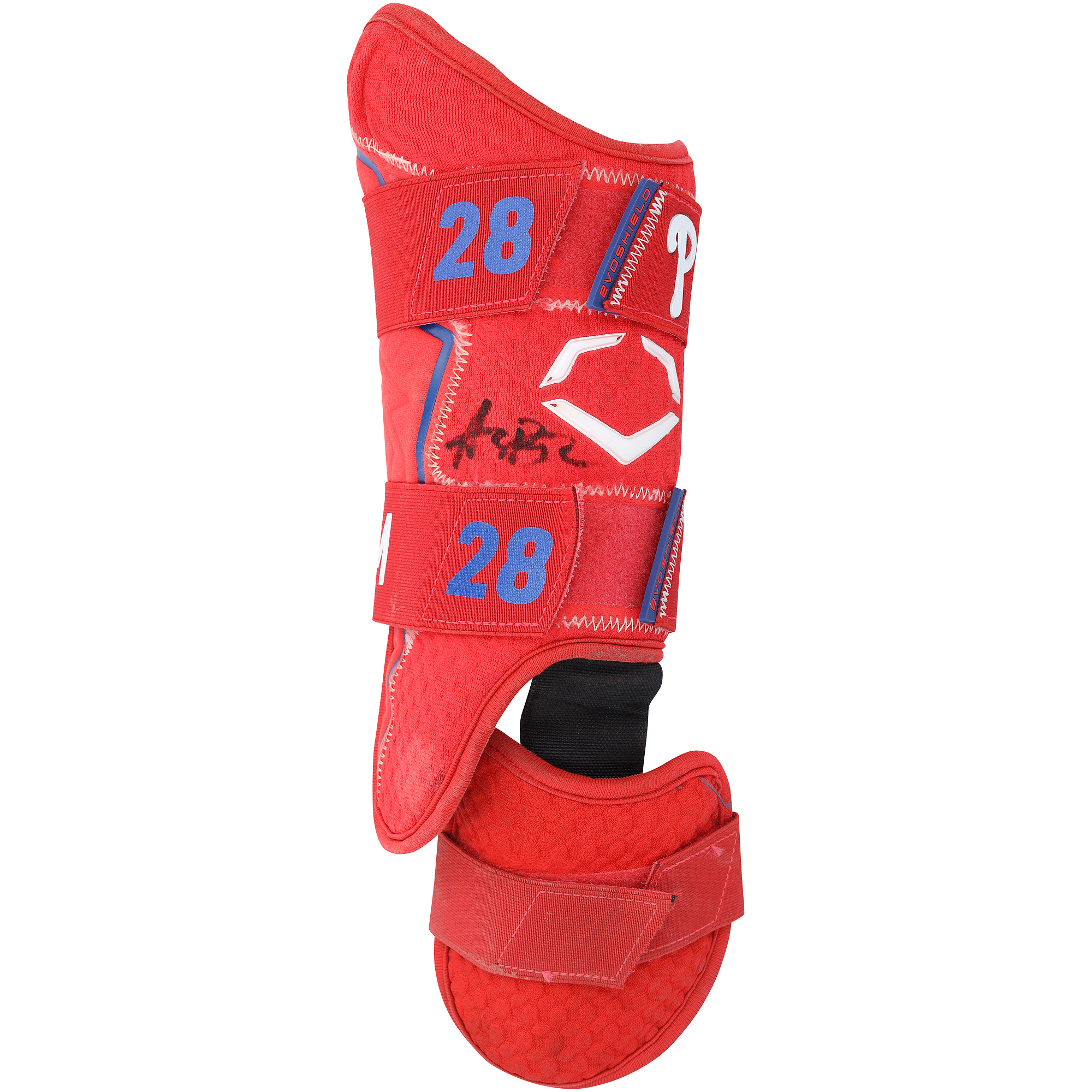 Alec Bohm Philadelphia Phillies Autographed Game-Used Red EvoShield Leg Guard from the 2025 MLB Season - NF70450440