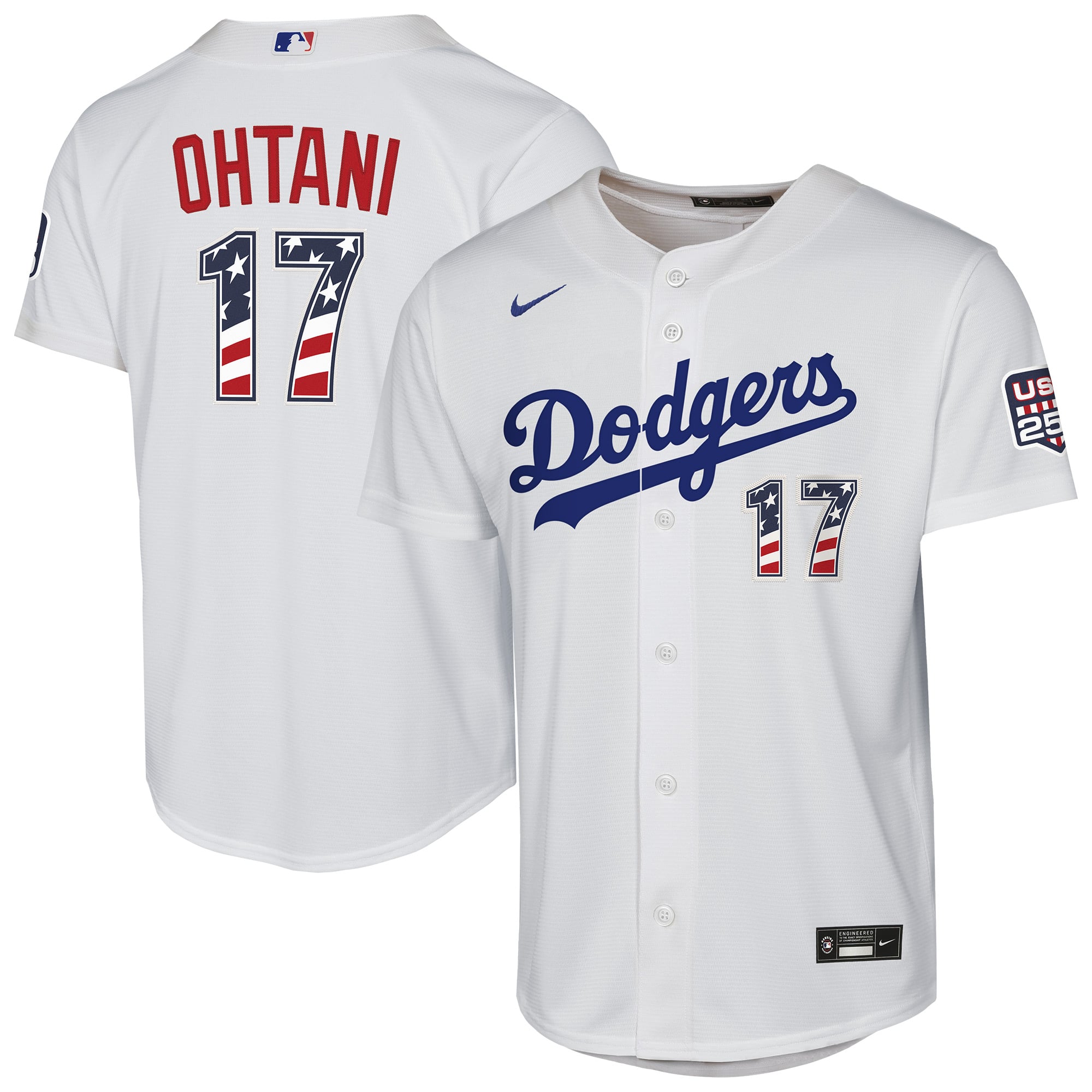 Youth Nike Shohei Ohtani White Los Angeles Dodgers USA 250 Fourth of July Home Replica Jersey