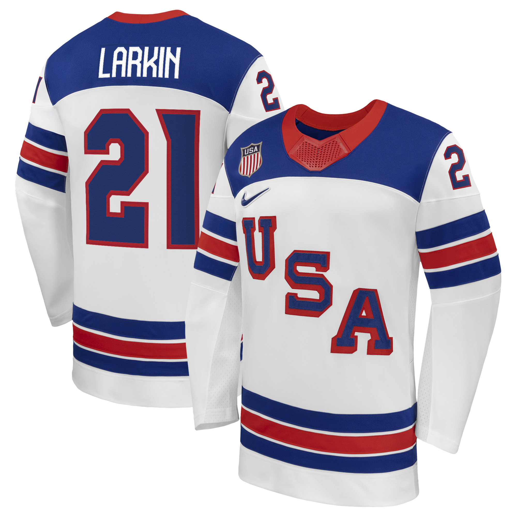 Men's Nike Dylan Larkin White US Hockey 2026 Away Replica Jersey