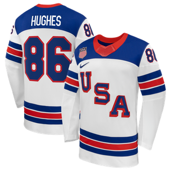 Men's Nike Jack Hughes White US Hockey 2026 Away Replica Jersey