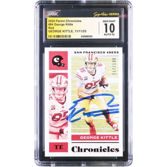 George Kittle San Francisco 49ers Autographed 2020 Panini Chronicles Red #84 #/199 CGC Fanatics Witnessed Authenticated 10/10 Card
