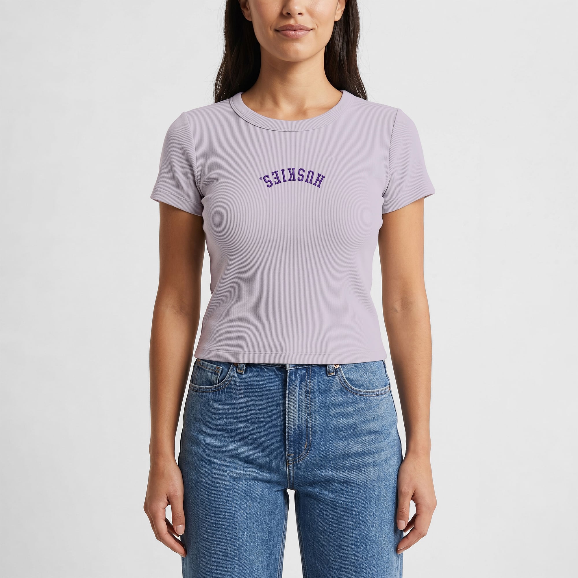 Women's Uscape Apparel  Purple Washington Huskies Upside Down Embroidery Ribbed Cropped T-Shirt
