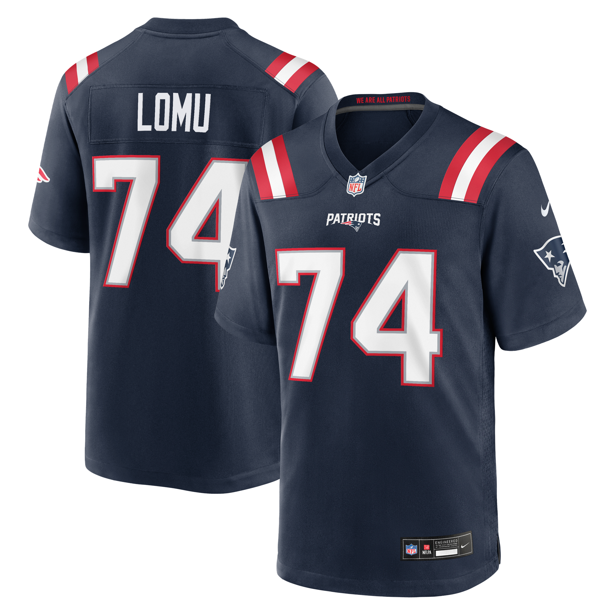 Maglia da gioco da uomo Nike Caleb Lomu blu navy dei New England Patriots, scelta numero 28 del primo round del Draft NFL 2026.