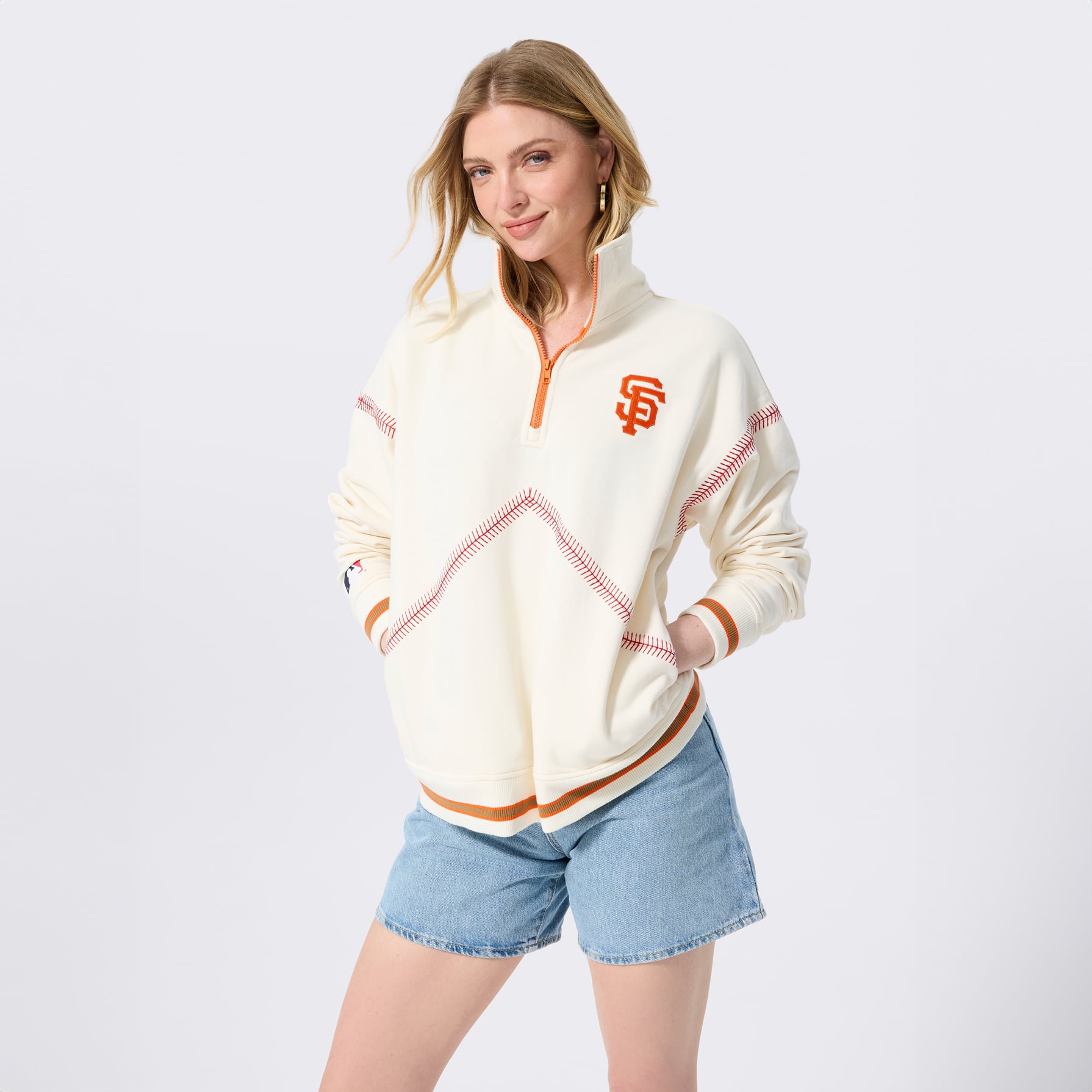 Women's Terez Cream San Francisco Giants Baseball Stitch Quarter-Zip Pullover