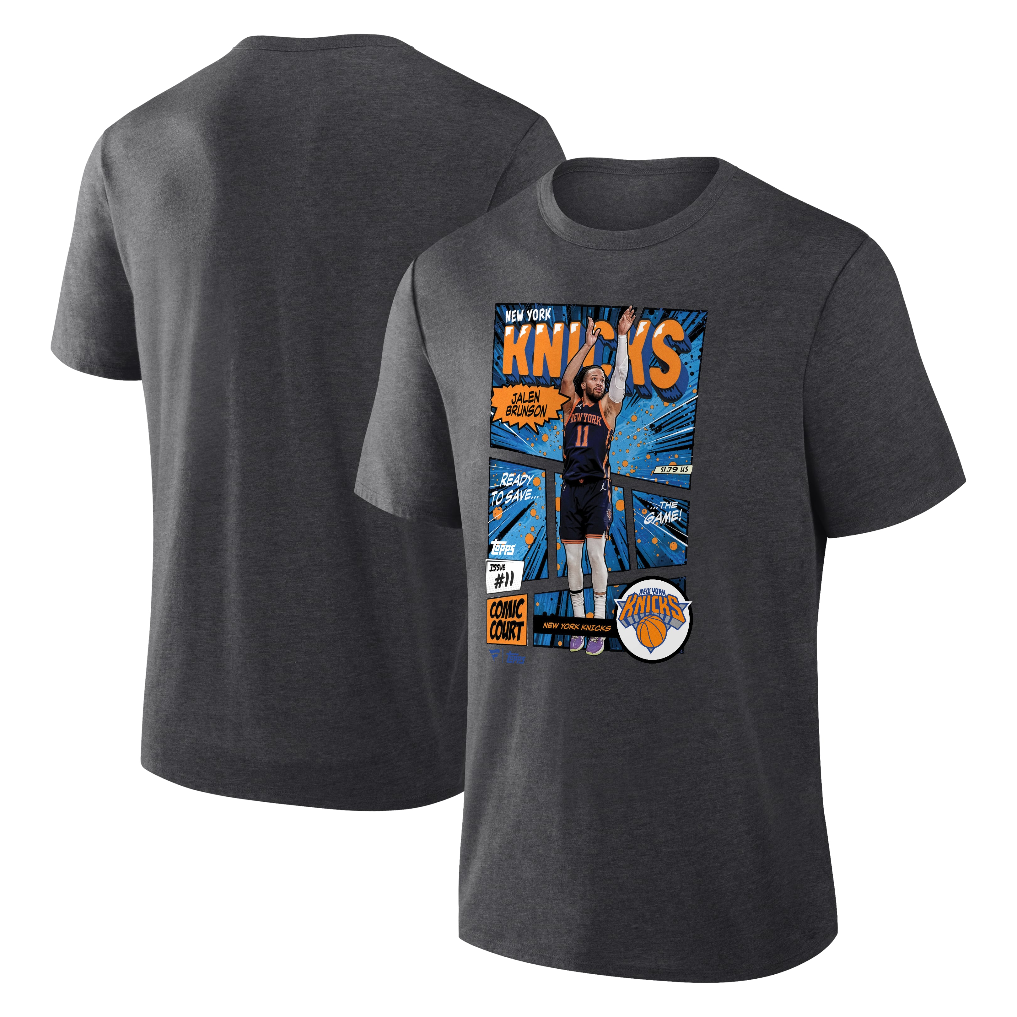 Men's Jalen Brunson Charcoal New York Knicks Topps Comic Court Tri-Blend T-Shirt. rookie card picture