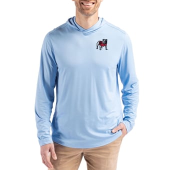 Men's Cutter & Buck Powder Blue Georgia Bulldogs Coastline Hooded Double-Peached Long-Sleeve T-Shirt