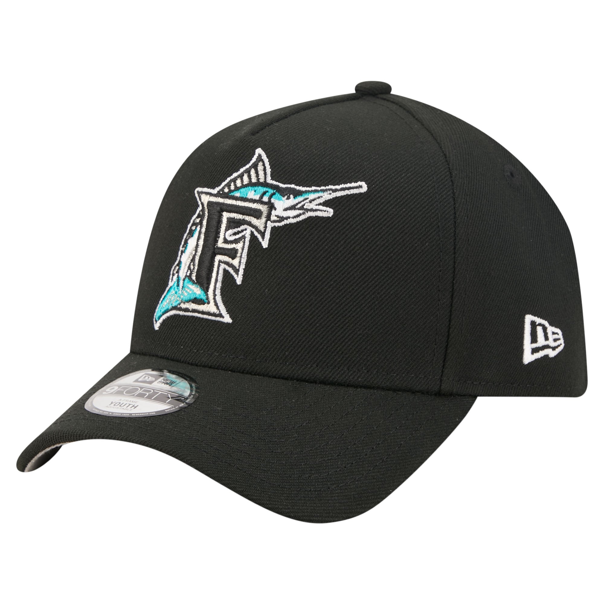 Youth New Era  Black Florida Marlins Cooperstown Logo 9FORTY A-Frame Adjustable Hat