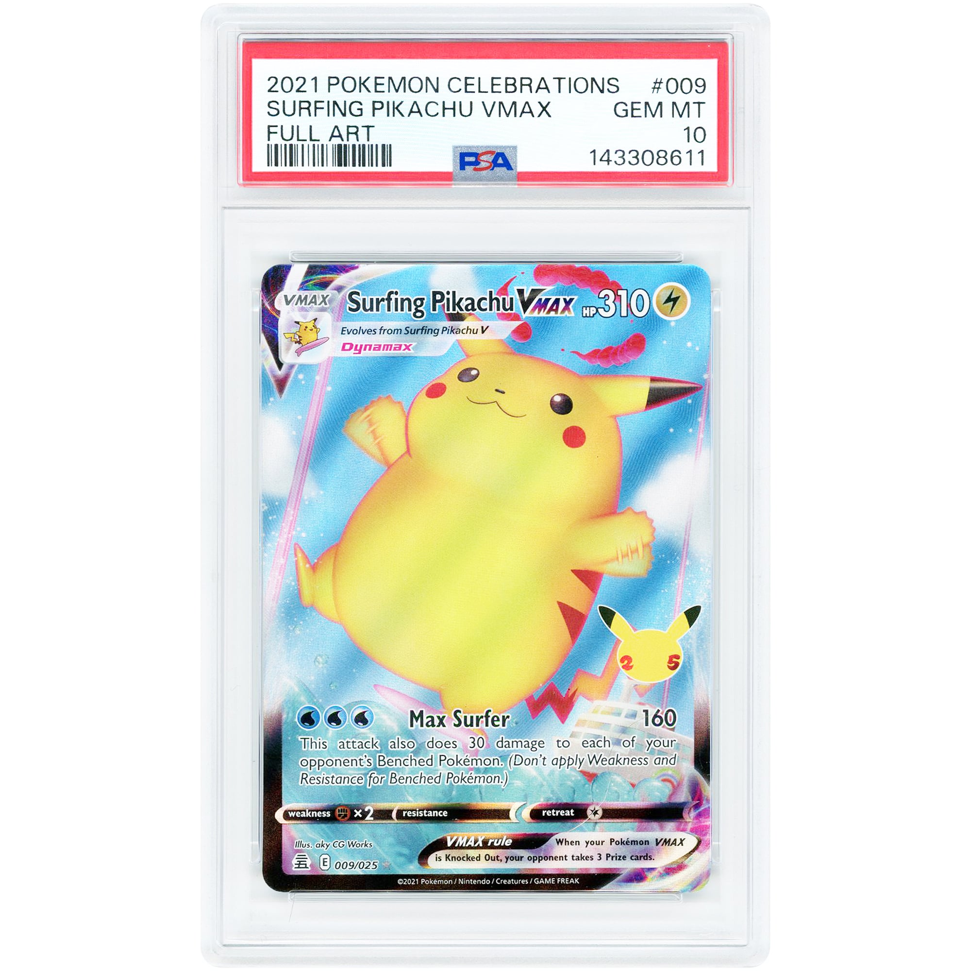 Surfing Pikachu VMAX 2021 Pokemon Celebrations Ultra Rare #009 PSA Authenticated 10 Card