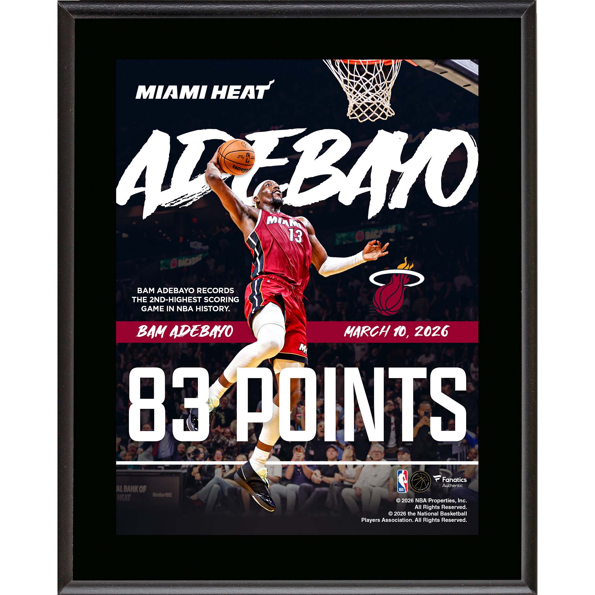 Bam Adebayo Miami Heat 10" x 13" 83-Point Game Sublimated Plaque