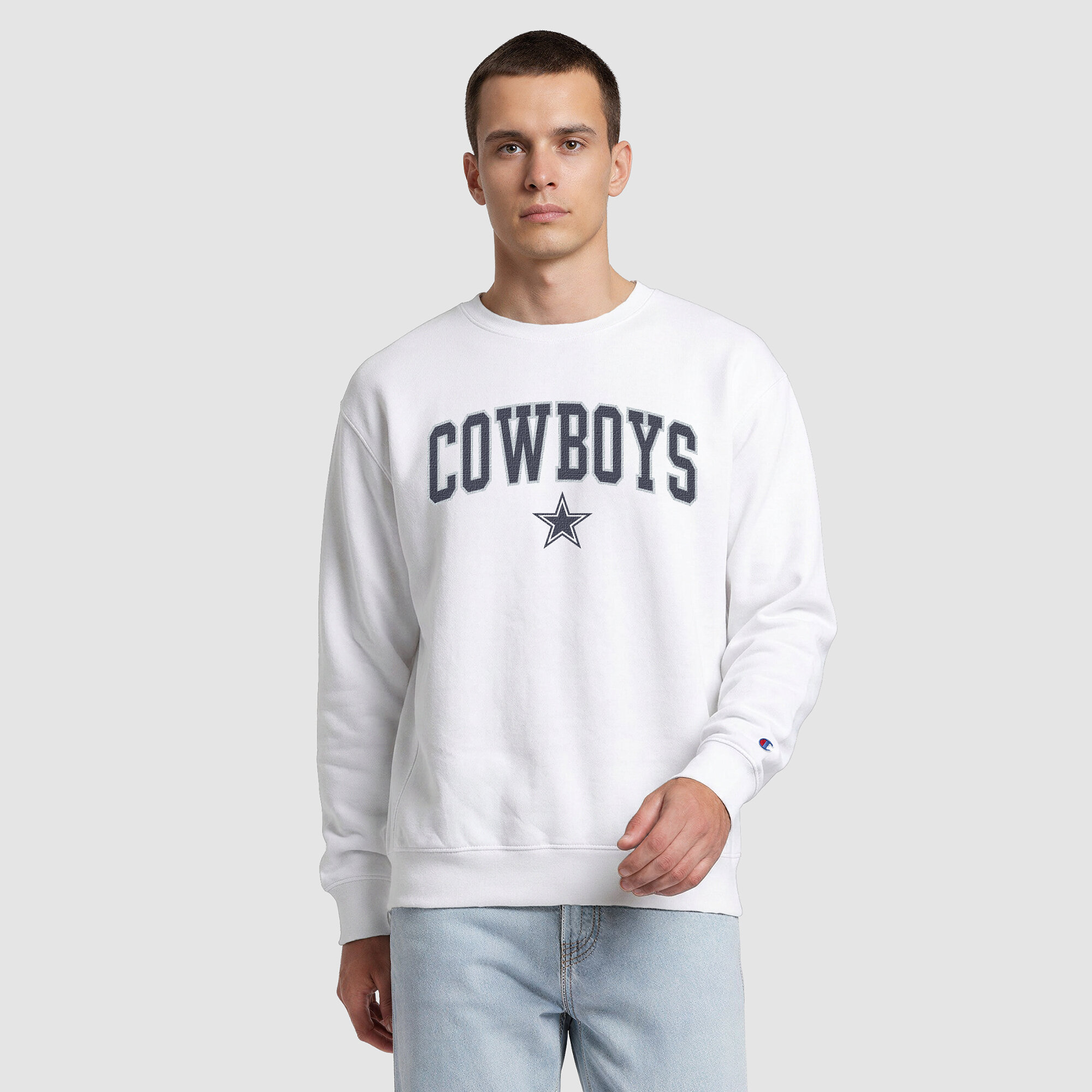 Men's Champion  White Dallas Cowboys Contrast Patch Crewneck Sweatshirt