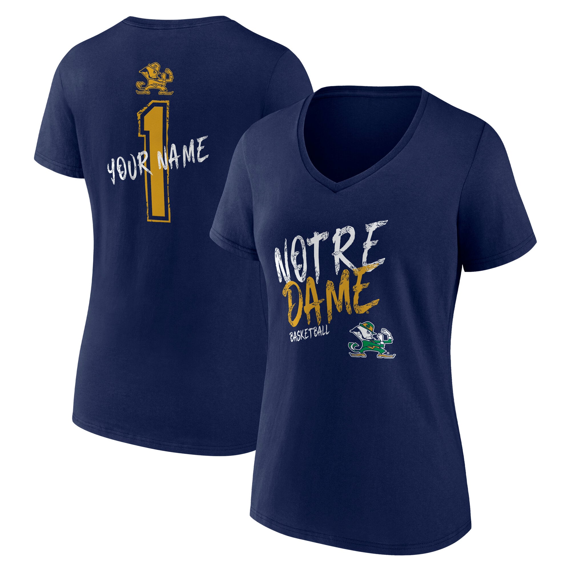 Women's Navy Notre Dame Fighting Irish Hustle Personalized Name V-Neck T-Shirt