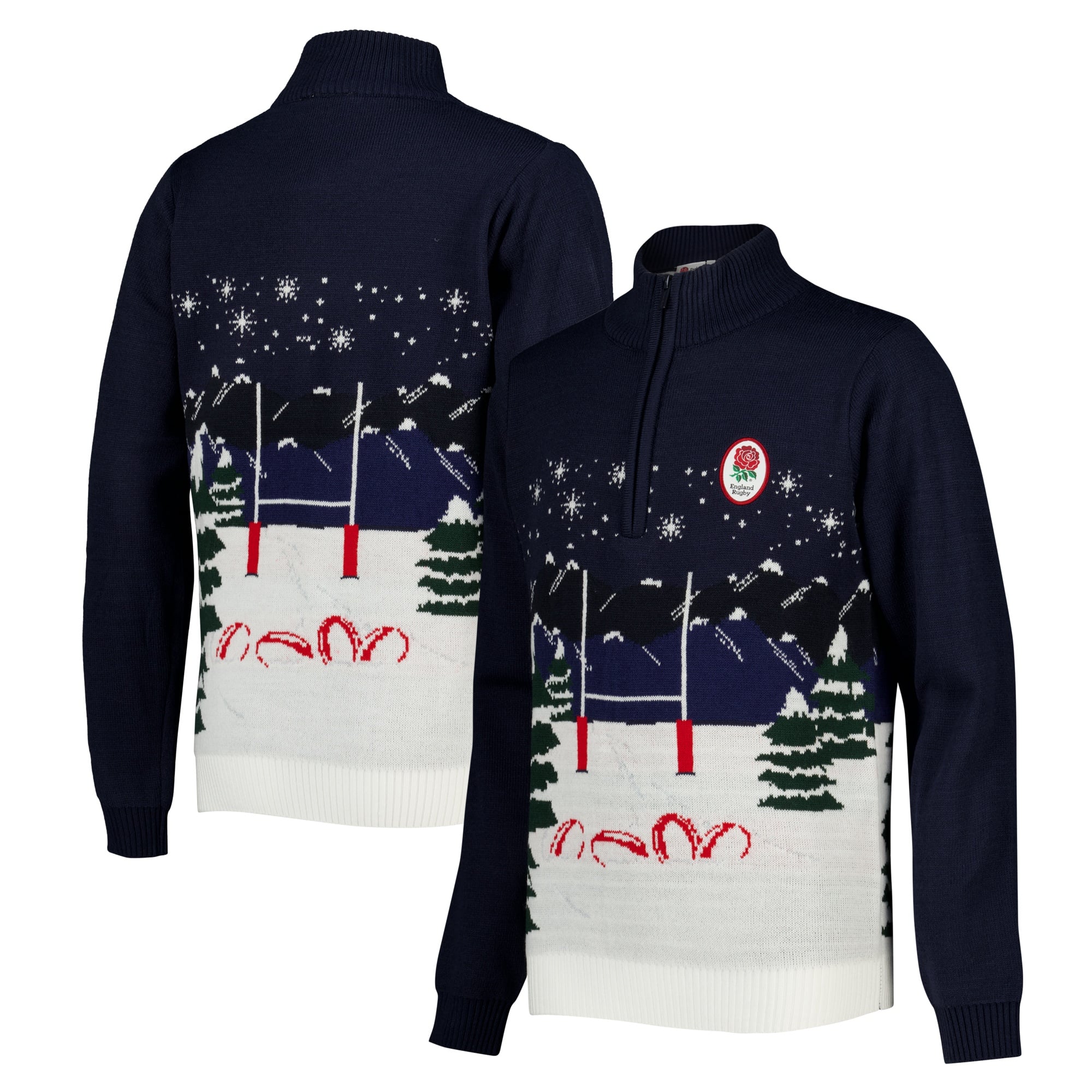 England Rugby Novelty 1/4 Zip Christmas Jumper - Navy: retailer-supplied image
