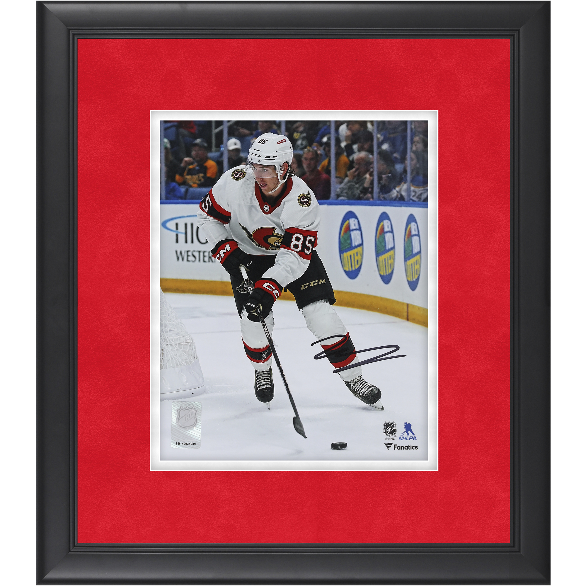 Jake Sanderson Ottawa Senators Autographed Framed 8" x 10" White Jersey NHL Debut Photograph - Suede Mat Upgrade